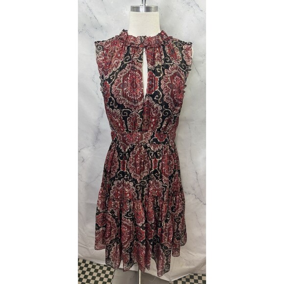 Kate Spade So Foxy Pleated Dress Silk Blend Red Metallic Medallion 6 boho Tierd - Picture 12 of 16